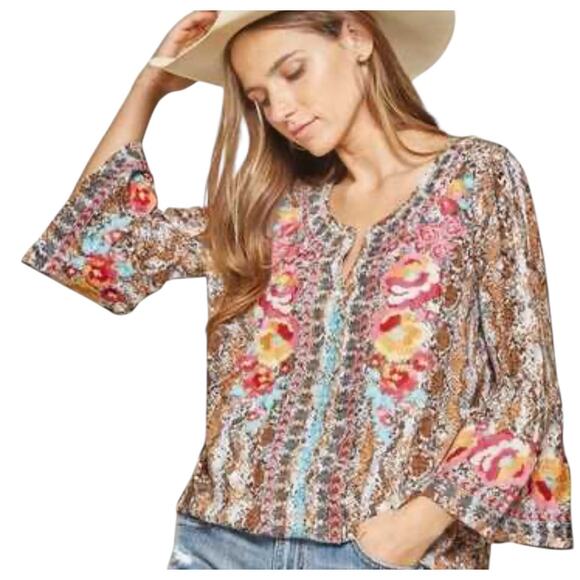 Savanna Jane Peasant Top Size MEDIUM Animal Print Boho Floral Embroidery - Picture 1 of 11